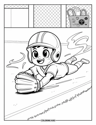 Coloriage de softball pour adultes : Un arrêt-court souriant plonge à travers le terrain avec des lignes de mouvement et un sac ganté à proximité