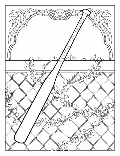 Coloriage de softball pour adultes : Une batte de softball s'appuie sur une clôture couverte de lierre enveloppée de motifs décoratifs