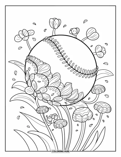 Coloriage de softball pour adultes : Une balle de softball s'épanouit en fleurs avec des pétales s'étalant vers l'extérieur dans un design élégant