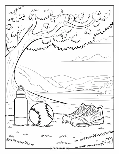 Coloriage de softball pour adultes : Une balle de softball, des crampons et une bouteille reposent sous un arbre près de l'eau et des montagnes