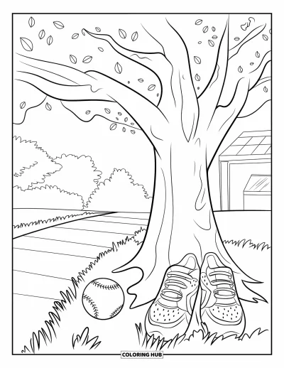 Coloriage de softball pour adultes : Une balle de softball, des crampons et une bouteille d'eau reposent paisiblement sous un grand arbre