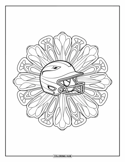 Coloriage de softball pour adultes : Un casque de softball est placé au centre de motifs tourbillonnants floraux et inspirés de l'équipement