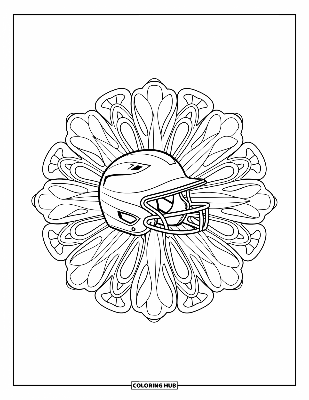 Softball Coloring Page for Adults: A softball helmet sits at the center of swirling floral and gear-inspired patterns