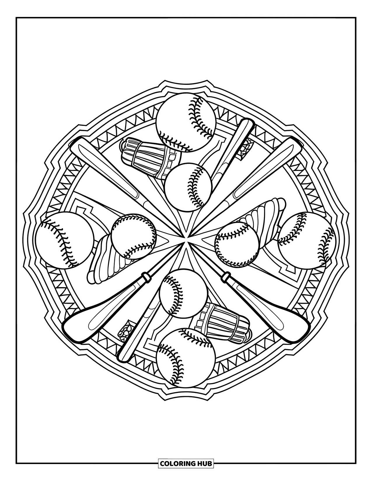 Softball Coloring Page for Adults: A symmetrical mandala of bats, gloves, and balls with decorative details throughout