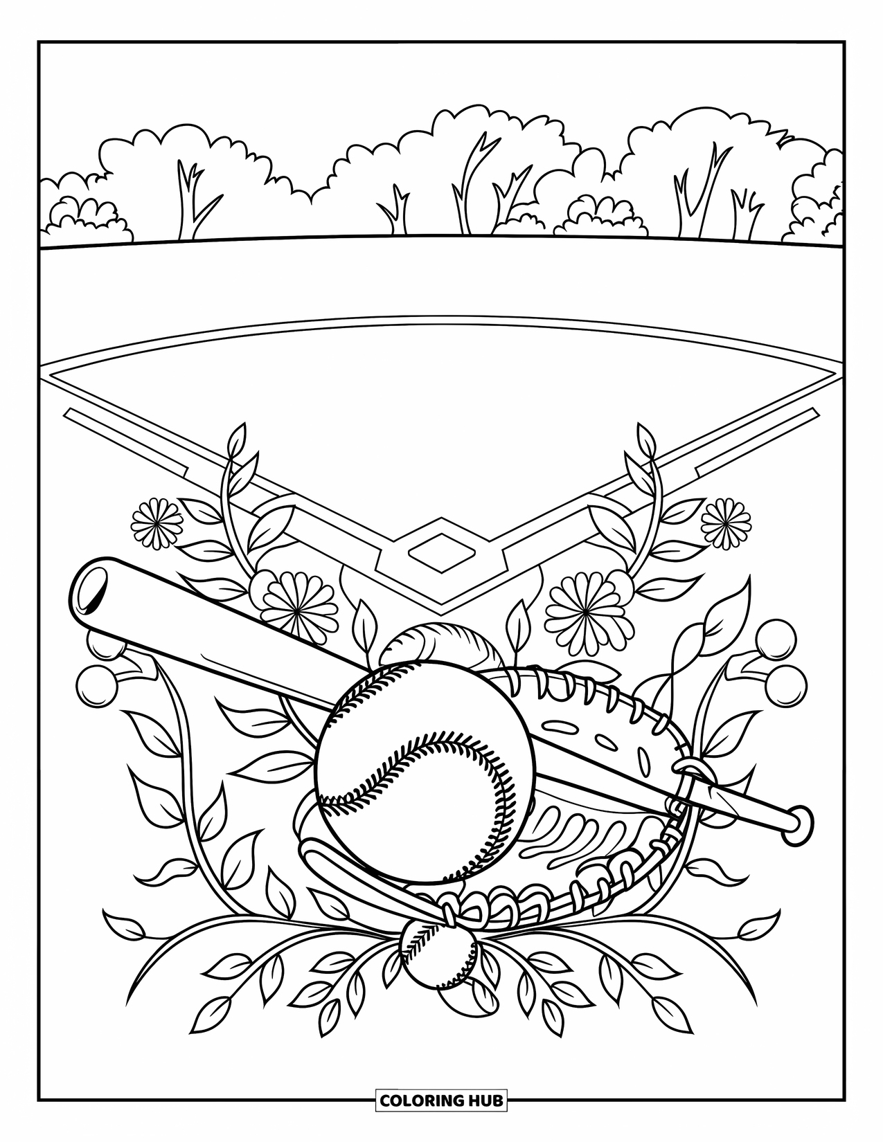 Softball Coloring Page for Adults: A vintage glove and bat rest among curling vines and leafy floral details