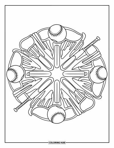 Coloriage de softball pour adultes : Un mandala complexe d'équipement de softball disposé dans une symétrie calme et équilibrée