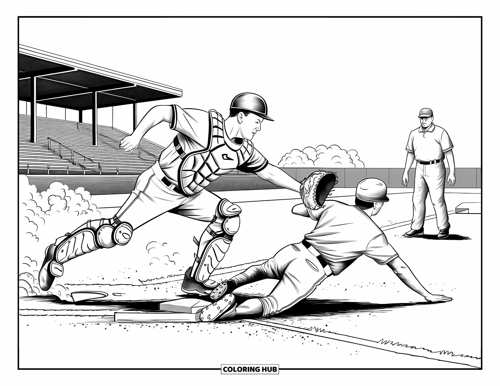 Softball Coloring Page for Adults: An umpire watches as a catcher leaps to tag a runner amid a cloud of dust