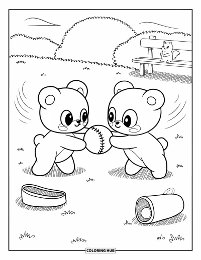 Coloriage de softball pour adultes : Des oursons jouent à s'attraper dans un champ venteux tandis qu'un écureuil observe assis à proximité