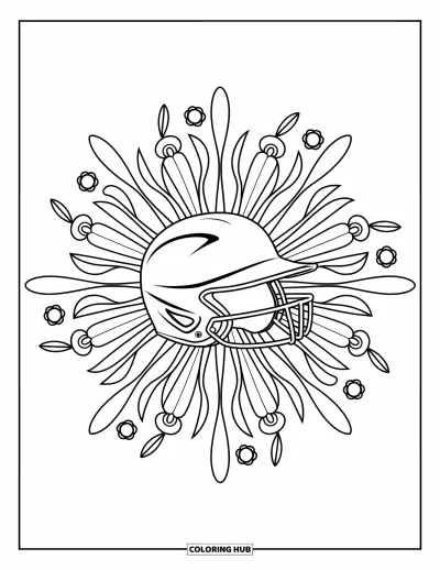 Coloriage de softball pour adultes : Des formes florales et d'équipement entourent un casque de softball central dans une scène paisible et complexe