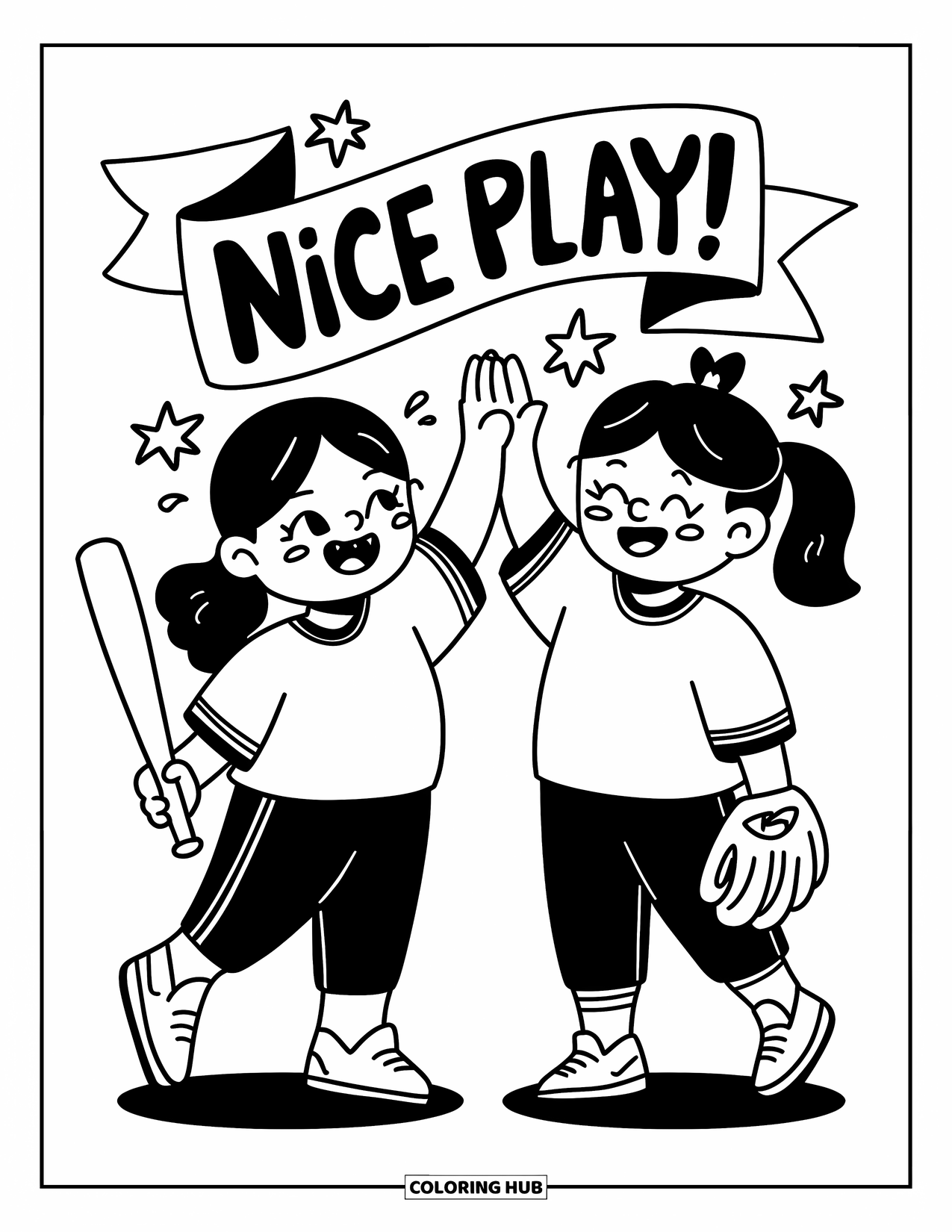 Softball Coloring Page for Adults: High-fiving friends celebrate a run with starbursts, sweat drops, and a waving banner