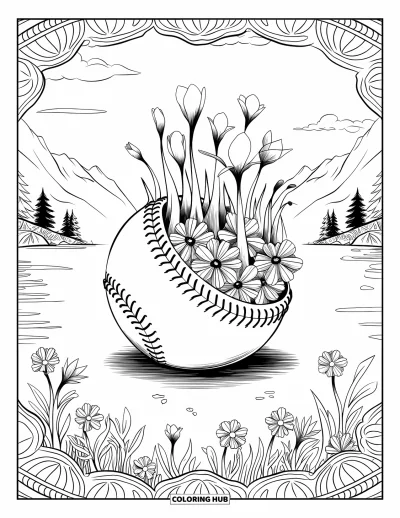 Coloriage de softball pour adultes : Des pétales jaillissent d'une balle de softball dans une scène florale et naturelle de style mandala