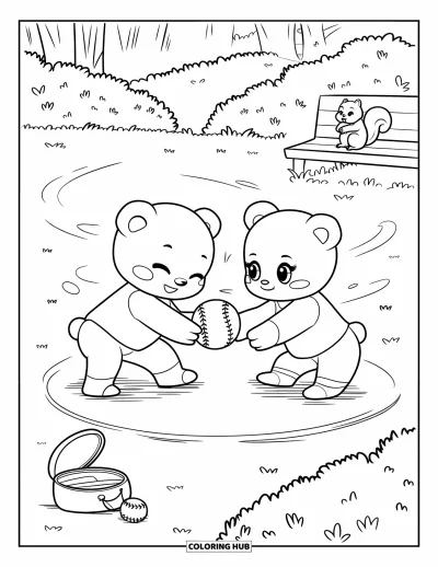 Coloriage de softball pour adultes : Des oursons espiègles lancent une balle dans la brise tandis qu'un écureuil regarde depuis un banc