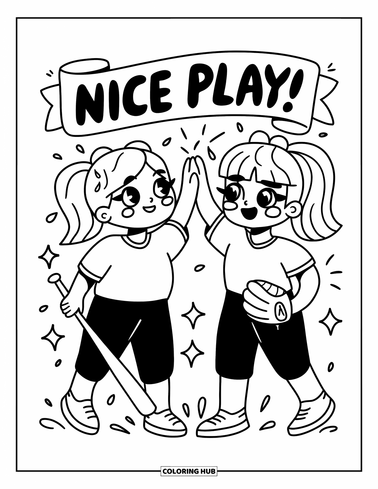 Softball Coloring Page for Adults: Softball pals high-five joyfully under a "Nice Play!" banner with happy details all around