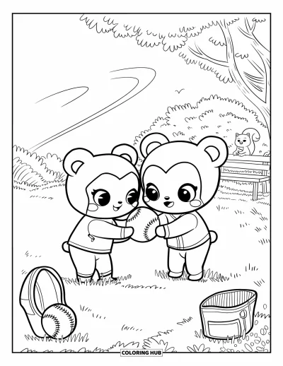 Coloriage de softball pour adultes : Deux oursons se passent doucement une balle de softball tandis qu'un écureuil observe depuis un banc voisin