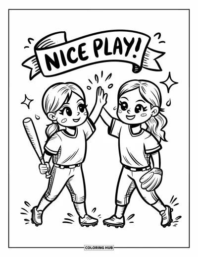 Coloriage de softball pour adultes : Deux meilleures amies se font un tope-là avec des éclats d'étoiles et des sourires sous une bannière « Nice Play ! »