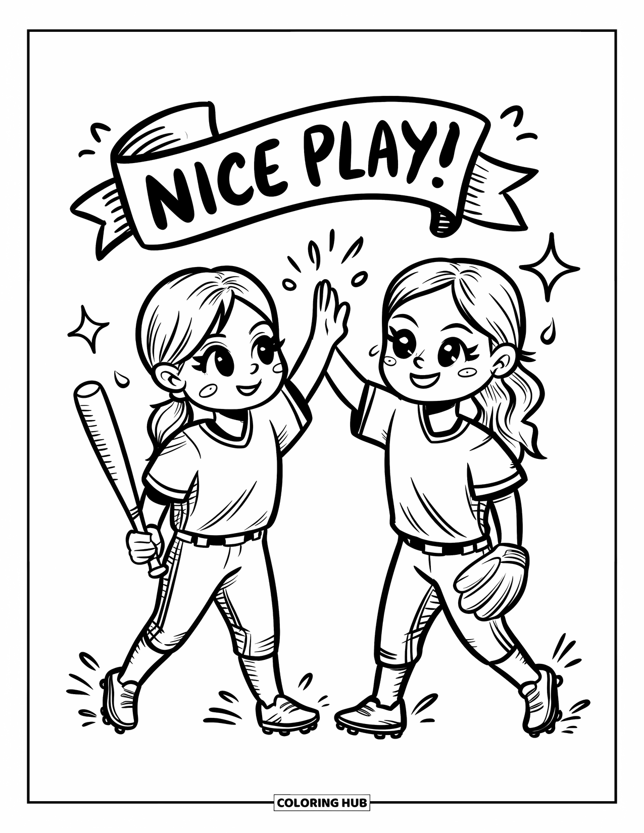 Softball Coloring Page for Adults: Two best friends high-five with starbursts and smiles beneath a "Nice Play!" banner