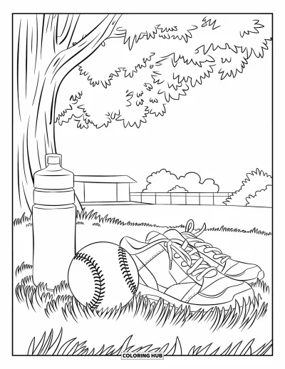 Coloriage de softball pour adultes : Sous un arbre feuillu, une balle de softball, des crampons et une bouteille reposent dans un calme paisible