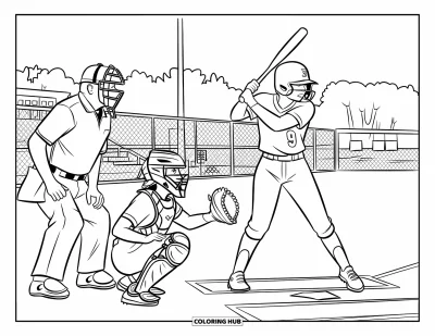 Coloriage de softball pour enfants : Une batteuse et une receveuse s'affrontent au marbre tandis qu'un arbitre observe attentivement