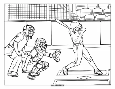 Coloriage de softball pour enfants : Une batteuse frappe au marbre tandis que la receveuse et l'arbitre restent concentrés derrière