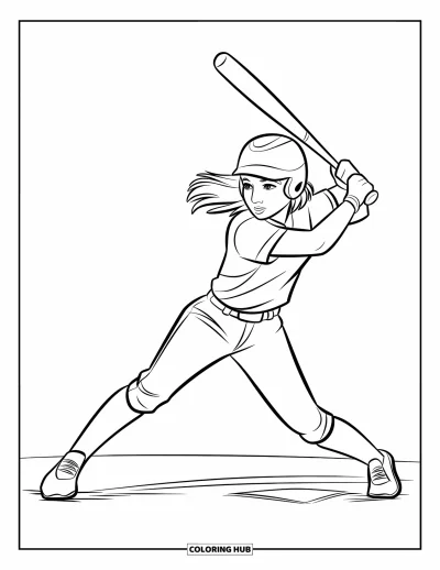 Coloriage de softball pour enfants : Une batteuse frappe avec force, les cheveux en arrière dans un moment plein d'énergie