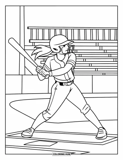 Coloriage de softball pour enfants : Une batteuse frappe avec concentration, les cheveux flottant et le stade se profilant derrière