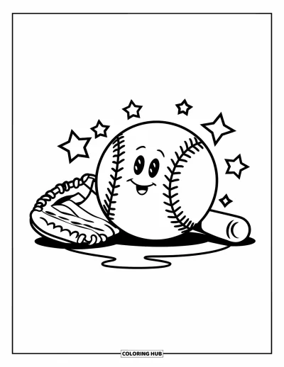 Coloriage de softball pour enfants : Une grande balle de softball brille avec des étoiles près d'un gant et d'une batte dans une scène ludique