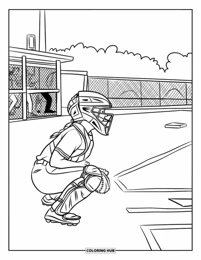 Coloriage de softball pour enfants : Une receveuse s'accroupit derrière le marbre, prête à réceptionner le lancer