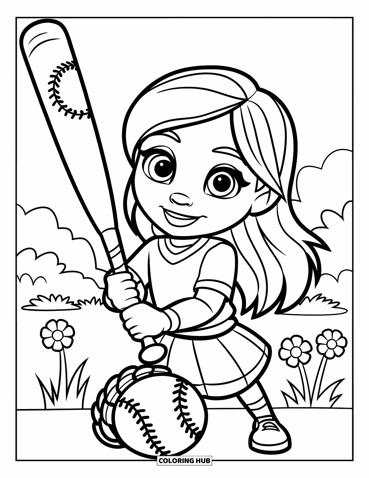 Softball Coloring Page for Kids: A cheerful girl with a bat stands near a glove and flowers in the grass