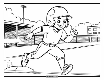 Coloriage de softball pour enfants : Une joueuse joyeuse fonce vers le premier but tandis que le jeu se déroule derrière la clôture