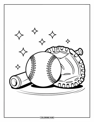 Coloriage de softball pour enfants : Une balle de softball souriante est posée près d'une batte et d'un gant, entourée d'étoiles