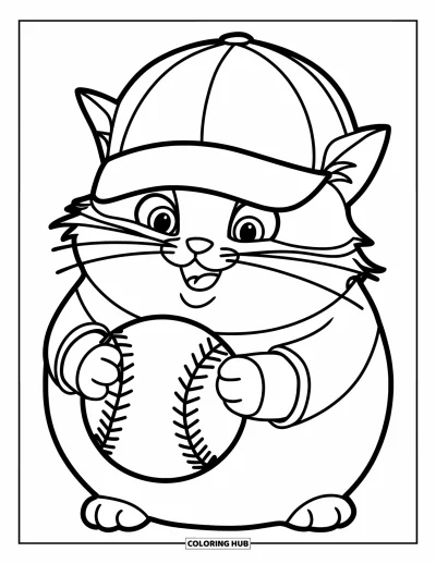 Coloriage de softball pour enfants : Un chat dodu en casquette tient une balle et sourit fièrement