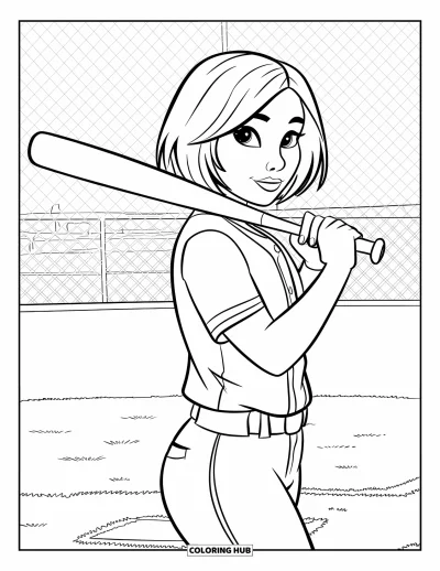 Coloriage de softball pour enfants : Une adolescente confiante s'avance vers le marbre avec la batte posée sur l'épaule