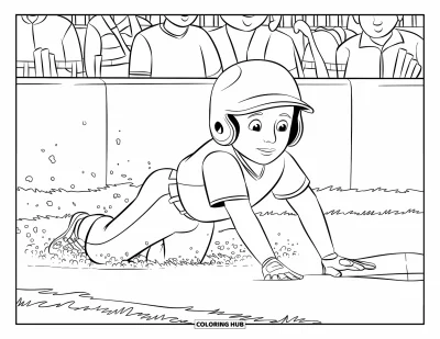 Coloriage de softball pour enfants : Un glissé rapide vers la base soulève un nuage de poussière tandis que la foule regarde le match