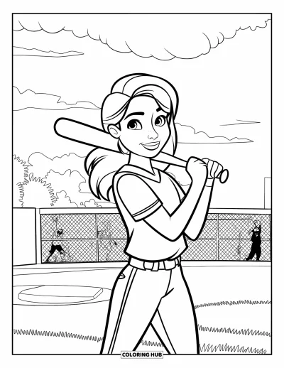 Coloriage de softball pour enfants : Une adolescente concentrée s'avance vers le marbre, prête à frapper tandis que d'autres regardent à proximité