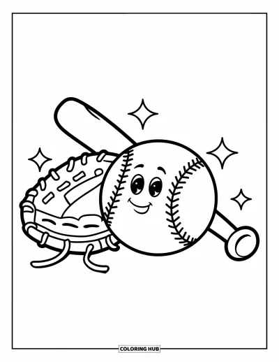 Coloriage de softball pour enfants : Une balle de softball souriante avec des étoiles repose à côté d'un gant et d'une batte