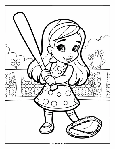 Coloriage de softball pour enfants : Une fille avec une batte sourit vers un gant près de fleurs et d'une clôture