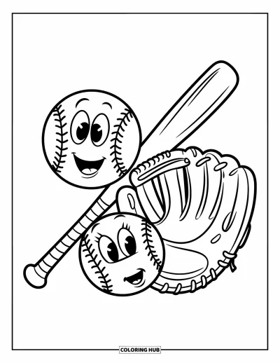 Coloriage de softball pour enfants : Une batte, un gant et une balle souriants avec des visages de dessin animé sont côte à côte