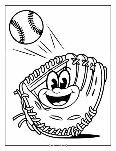 Coloriage de softball pour enfants : Un gant joyeux s'ouvre grand alors qu'une balle vole vers lui avec enthousiasme