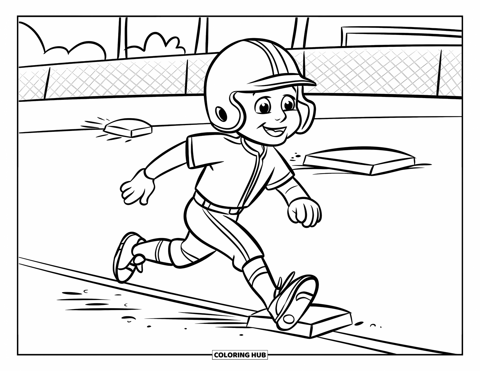 Softball Coloring Page for Kids: A happy kid races to first in a playful, friendly softball scene