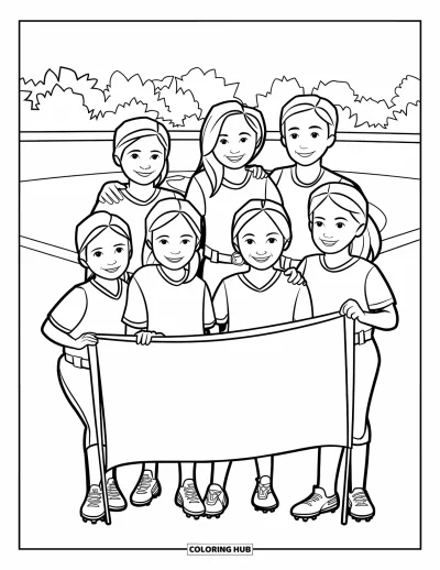 Coloriage de softball pour enfants : Une équipe d'enfants joyeux pose ensemble avec leur bannière près du terrain de softball
