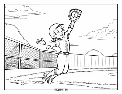 Coloriage de softball pour enfants : Une joueuse casquée saute pour attraper une balle avec des nuages dérivant au-dessus du terrain