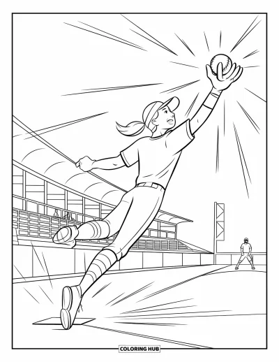 Coloriage de softball pour enfants : Une tentative de catch en plein vol remplit la scène de mouvement et de concentration