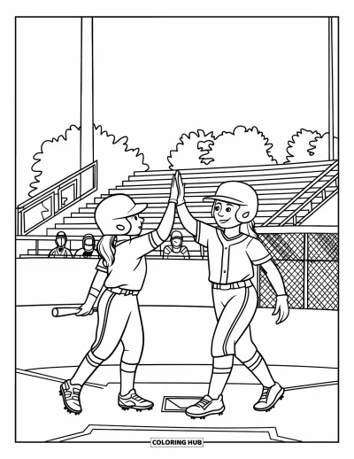 Coloriage de softball pour enfants : Un tope-là après un coup de circuit illumine le terrain tandis que les supporters regardent depuis les tribunes