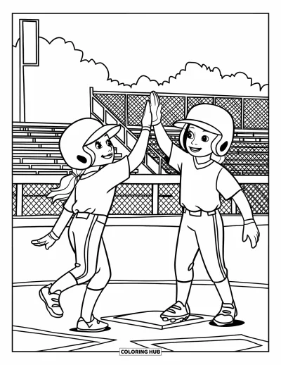 Coloriage de softball pour enfants : Un tope-là joyeux célèbre un coup de circuit près du marbre
