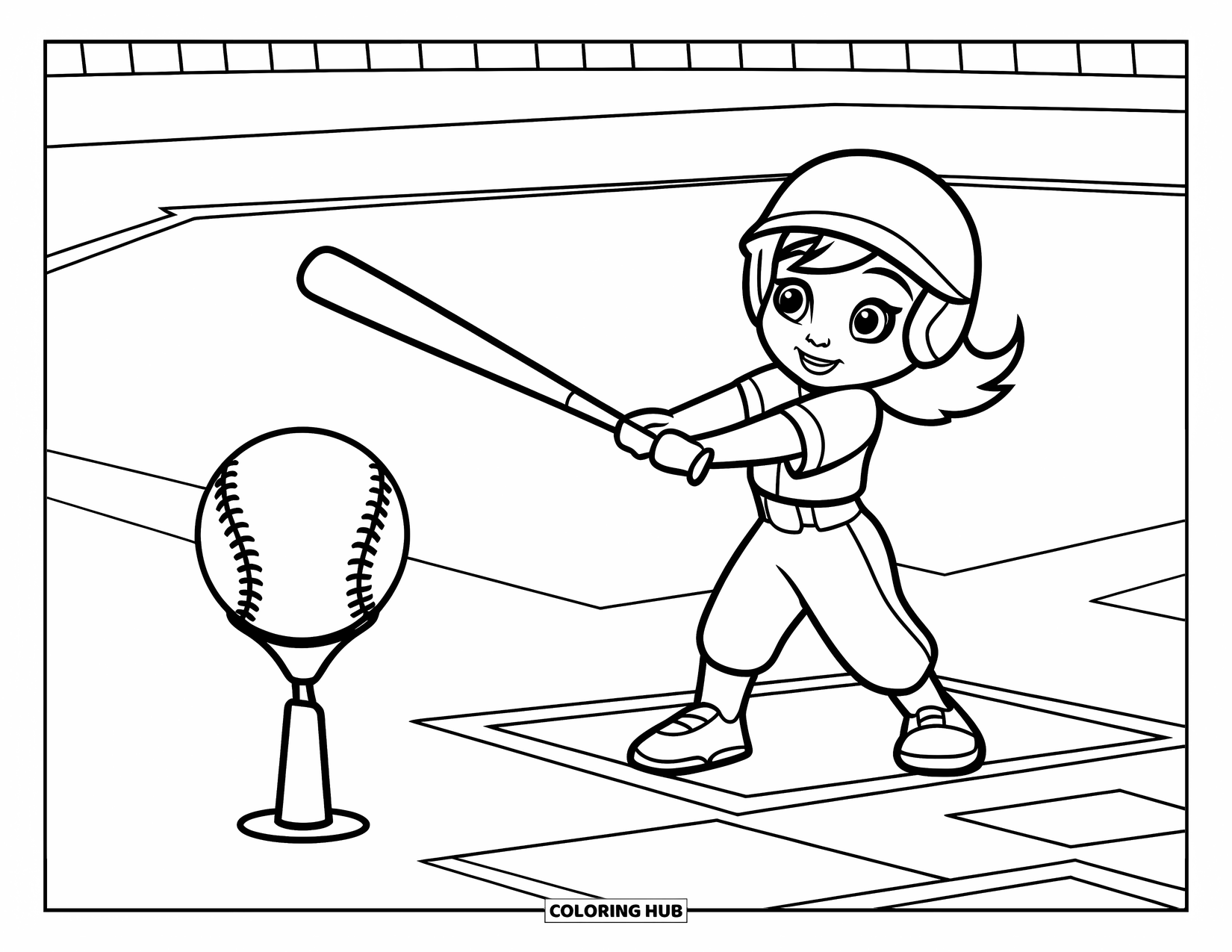 Softball Coloring Page for Kids: A little kid swings at a softball on a tee with focus and joy