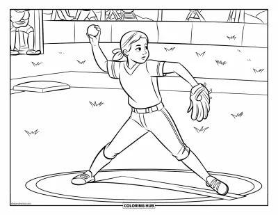 Coloriage de softball pour enfants : Une lanceuse très concentrée se prépare à lancer tandis que quelques spectateurs regardent depuis les environs