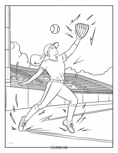 Coloriage de softball pour enfants : Une joueuse saute haut pour attraper une balle en chandelle avec des lignes d'énergie jaillissant tout autour