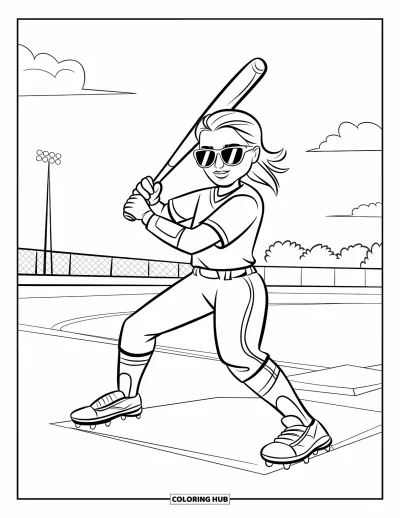 Coloriage de softball pour enfants : Une joueuse se tient sur la base en s'échauffant tandis que des nuages dérivent au-dessus du terrain