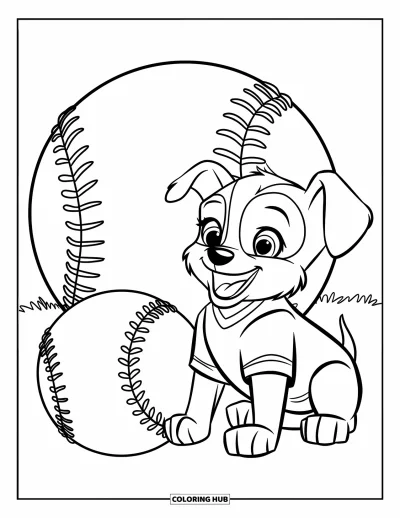 Coloriage de softball pour enfants : Un chiot en maillot est assis à côté d'une immense balle de softball sur l'herbe