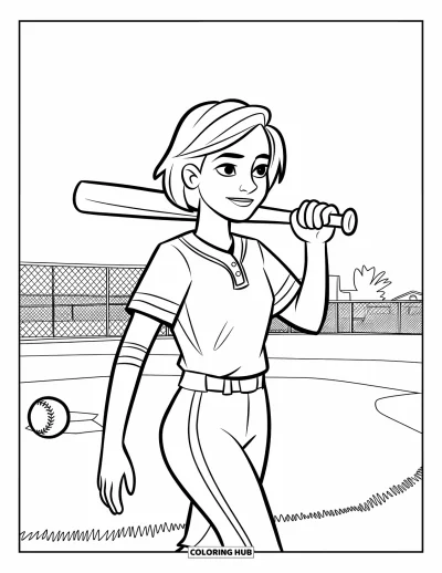 Coloriage de softball pour enfants : Une adolescente aux cheveux courts s'avance vers le marbre, la batte sur l'épaule avec le terrain derrière elle